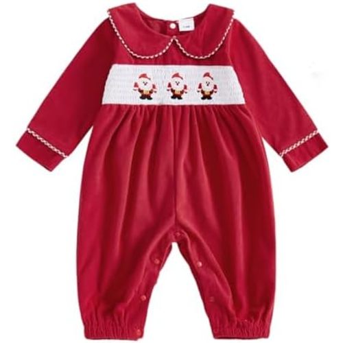 Newborn Baby Boy Girl Christmas Outfit Santa Smocked Romper Peter Pan Collar Long Sleeve Corduroy Jumpsuit Clothes