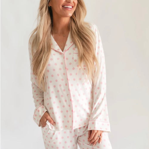 Women's Button Up Set In White & Pink Polka Dot