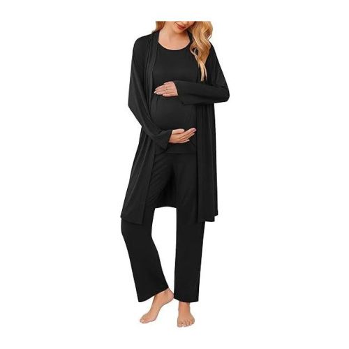 Ekouaer Maternity Nursing Robe Set 3 Pieces Sleeveless Top, Pregnancy Pants & Robe Double Layer Pajamas S-XXL Black XL