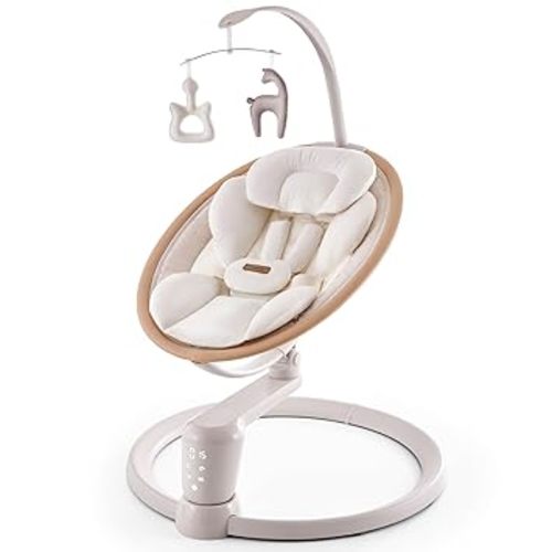 HARPPA Electric Baby Swing for Infants and Newborns, Baby Swing with 5-Point Harness, 5 Speeds and Remote Control 10 Built-in Melodies, 2 Seat Positions & 180° Rotation for Indoor Use, Warm Sand