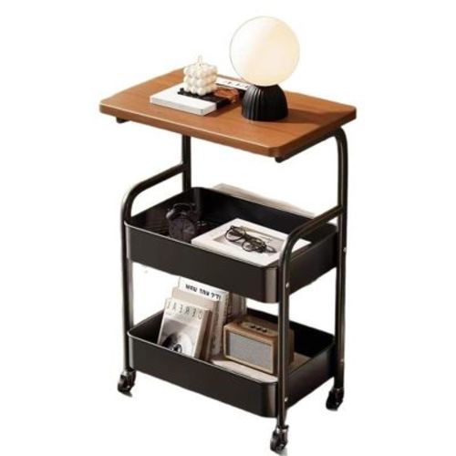 3-Tier Rolling Cart w/Wooden Tabletop, Utility Cart w/Lockable Wheels, Multipurpose Storage Organizer Trolley