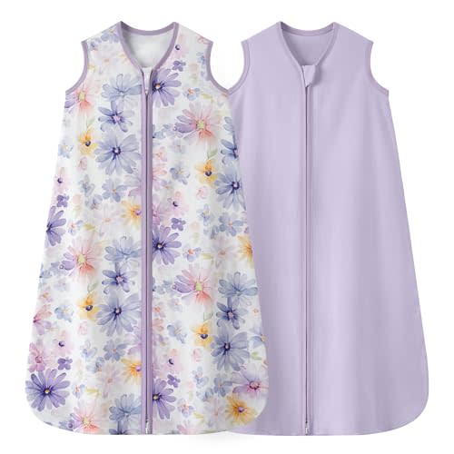 Baby Sleep Sack 0-6 Months 0.5 TOG, 100% Cotton Baby Wearable Blanket 2 Pack with 2-Way Zipper, Lightweight Sleep Bag for Boys & Girls Newborn Infant Breathable Sleeing Sack Purple Flower