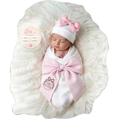 Ylsteed Newborn Receiving Blanket Headband Set， Baby Swaddle Bow Swaddle Wrap， Baby Swaddle Blankets for Newborns with Hat， Swaddling Wrap 32 x 32 inches Soft and Skin-Friendly