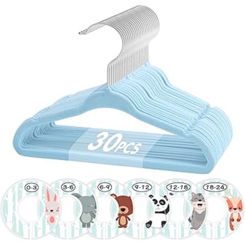 VIS'V Baby Hangers, 11 Inch Velvet Kids Hangers with 6 Pcs Clothes Size Dividers, Infant Toddler Nursery Closet Organization, Non Slip, Blue, 30 Pcs