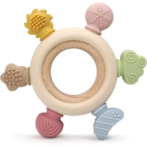 Baby Teether Ring for 0–12 Months, Detachable Wooden Silicone Teether with Easy-Grip Round Design, Sensory Teething Toy with Soft Textured Tips for Early Development
