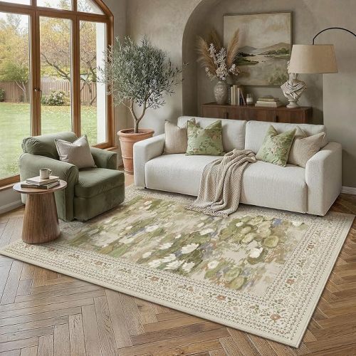 PureCozy Beige Area Rug 5x7 Living Room Vintage Floral Non-Slip Carpet