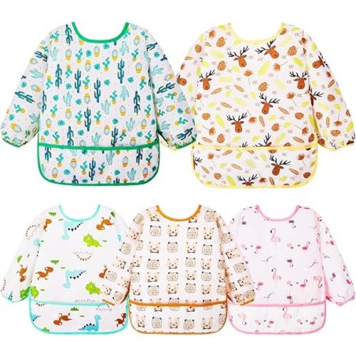 Lictin Long Sleeve Bibs 5 Pack - Baby Bibs for Girl or Boy, Reusable Infant for Feeding Teething or Weaning