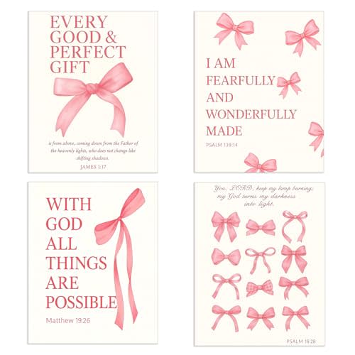 Pink Bow Wall Decor - 4 Pcs (FRAMED) Pink Wall Art Aesthetic Room Art, Inspirational Bible Verse Prints, Perfect for Bedroom, Dorm, Bathroom Decor 8"x10"