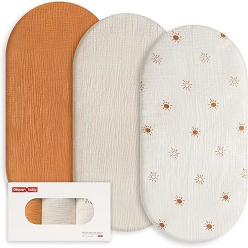 Gllquen Baby Muslin Bassinet Sheets 3 Pack, Breathable Elastic Cozy Fitted Cotton Bassinet Mattress Sheet for Baby Boy Girls, Fit for Hourglass Oval Rectangular Cradle Pad Sheets 33"x17" (Sunshine)