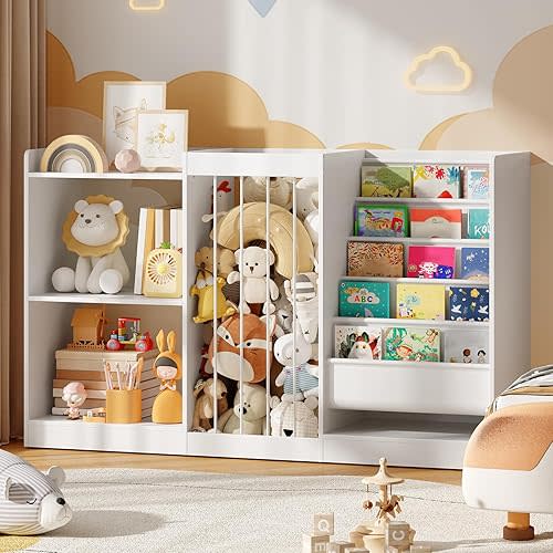 Kids Bookshelf and Toy Storage, 5-Tier Sling Bookcase with Stuffed Animal Storage, Toddler Book Shelf for Kids Room, Nursery, Bedroom, Classroom, Playroom, White KBWT8101