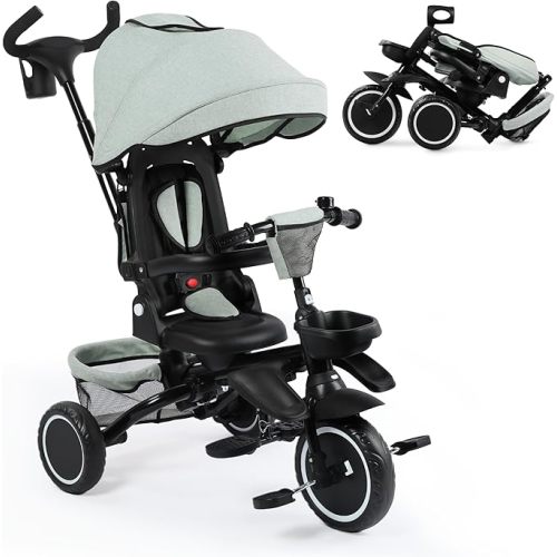 Folding Kids Tricycle, 8 in 1 Baby Trike W/Removable & Adjustable Canopy, Parent Handle, 5-Piont Safety Harness, Toddler Bike Stroller for Kids 1-6 Years, EVA Wheels, Storage Basket, Green