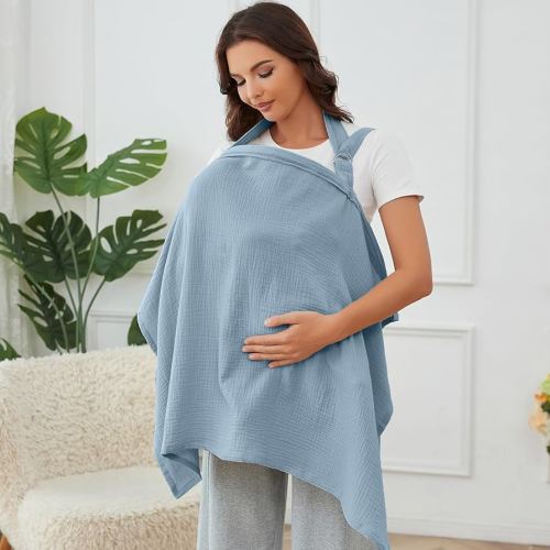 Muslin Nursing Cover for Breastfeeding, Breathable 100% Cotton Privacy Nursing Covers with Rigid Hoop for Mother Nursing Apron (Light Blue)