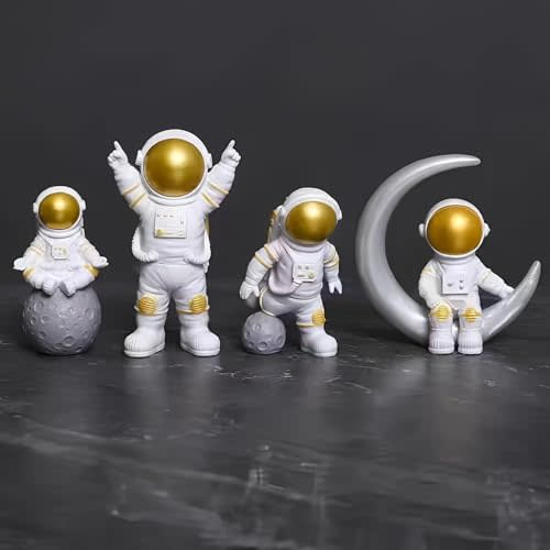 Gold White Astronaut Statues Set of 4, Spaceman Sculptures Figurines Space Theme Decor for Room Shelf Desk Cake Toppers