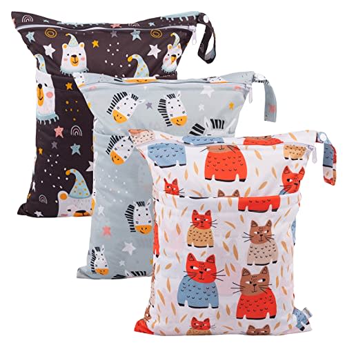 babygoal Wet Dry Bags for Baby Cloth Diapers, Washable Travel Bags, Beach, Pool, Gym Bag for Swimsuits & Wet Clothes with Two Zippered Pockets 3 Pack, 3LN26