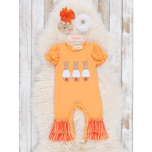 Orange Embroidered Bunny Ruffle Romper