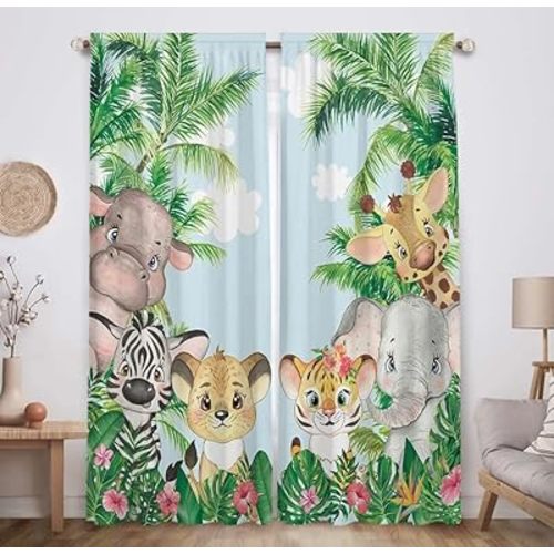 Allenjoy Safari Animals Window Curtain Cartoon Jungle Forest Print Curtains Home Decor Rod Pocket Darkening Drapes for Baby Children Bedroom Living Room 82 in x 84 in