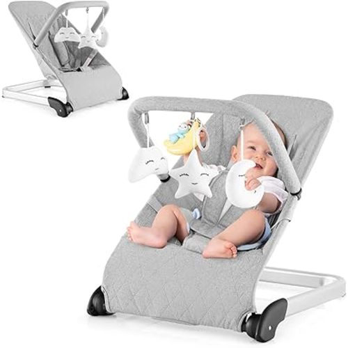 BABY JOY Baby Bouncer, Foldable Baby Rocker with 5-Point Safety Harness, Removable Fabric Cover and Toy Bar, Portable Bouncer Seat with Aluminum Base for Newborns & Babies, Grey