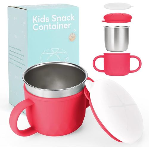 Toddler Snack Containers Stainless Steel Spill-Proof Snack Containers for Toddlers with Spill-Proof Silicone Lids and Handles 4-in-1 Baby Snack Cup is Dishwasher Safe for Easy use On The Go（Red）