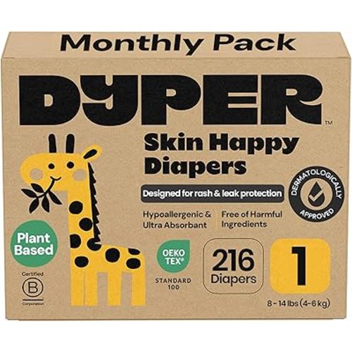 DYPER Monthly Pack Baby Diapers Size 1 (8-14 lbs) 216 Count - Leak-Proof & Plant Based, Hypoallergenic and Ultra Absorbent Size 1 Diapers for Day and Overnight Skin Protection (Packaging May Vary)