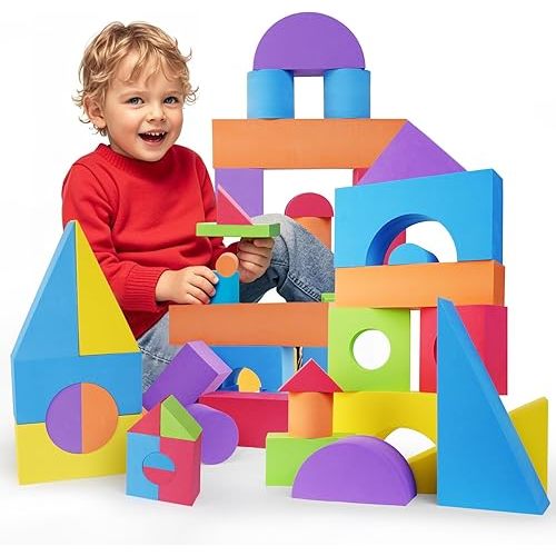 Large Building Foam Blocks for Toddlers, EVA Stacking Foam Building Blocks Toy Set, Non-Toxic, Washable, Early Learning Construction Toys & Gifts for Kids Boys & Girls (Blue, Pieces, 30)
