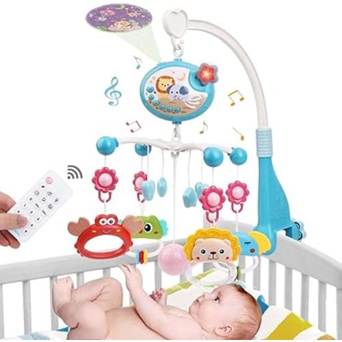 Baby Crib Mobile with Music and Light, Crib Toy with Remote Control ＆ Timming Function, Projector Rotating Hanging Rattles Toys Baby Mobile Gift Toy for 0-24 Moths Boys and Girls
