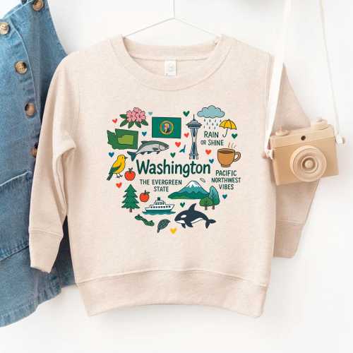 Washington Kids Sweatshirt: USA States National Park Travel Gift - Toddler Sweater with State Symbols Baby Bodysuit for Family Vacation
