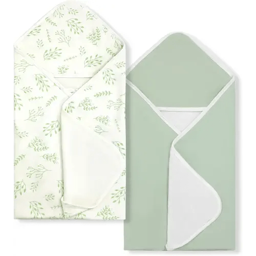 Baby Towels 2 Pack,Hooded Baby Towels Set,Baby Infant Bath Towels with Hood,Soft and Absorbent Nursery Towel,Large 28x28 Inch,Newborn Essential(Mint Green Leaves + Mint Green)