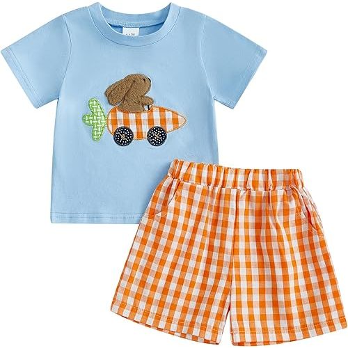 Toddler Baby Boy Easter Rabbit Outfit Short Sleeve Bunny Carrot Smocked T-shirt Elastic Waist Shorts Summer Clothes