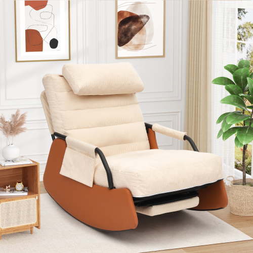 Betisef Nursery Rocking Chairs with Soft Seat and Headrest,Corduroy Fabric Accent Chair with Side Pocket,Glider Rocking Chair for Bedroom/Living Room/Nursery(Dark Grey/Black)