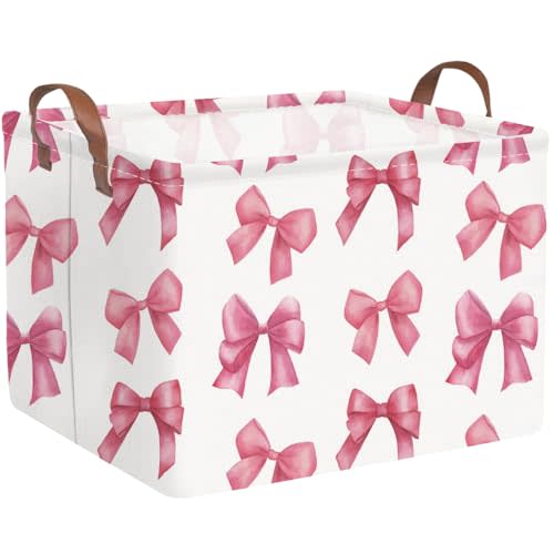Rectangular Pink Girls basket,Delicate pink bow girls nursery laundry basket,Pink Laundry Hamper,kids waterproof collapsible canvas basket,Toy bins,Girls Room decor(Bowknots)