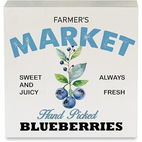 Blueberry Wood Box Sign Rustic Farmer's Market Blueberry Wooden Box Sign Decorative Sign Block Plaque for Home Farmhouse Desk Table Shelf Decor 5"x 5"
