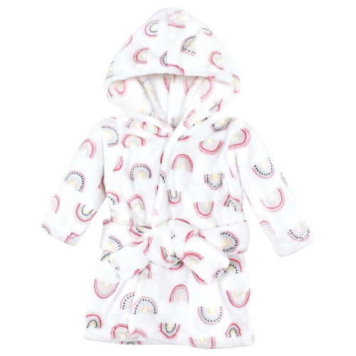 Hudson Baby Infant Girl Plush Animal Face Bathrobe, Modern Rainbow, 0-9 Months
