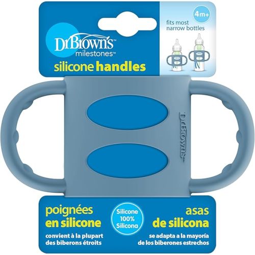 Dr. Brown's Narrow Baby Bottle Handles, 100% Silicone, Easy Grip Removable Handles for Bottle to Sippy Cup Transition, Blue, 4m+