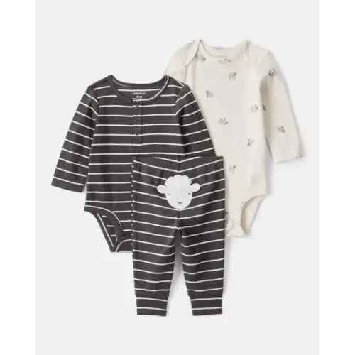 Baby Boy 3-Piece Striped Sheep Print Long-Sleeve Bodysuits & Pant Set - White/Black | Carter's 18M