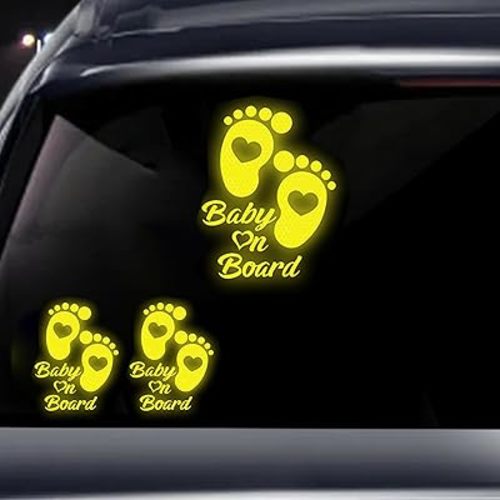2PCS Baby On Board Sticker for Cars,Reflective Baby in Car Safety Sign Decal for Rear, Side Windows, Bumpers- Bright Yellow, Durable (Foot)