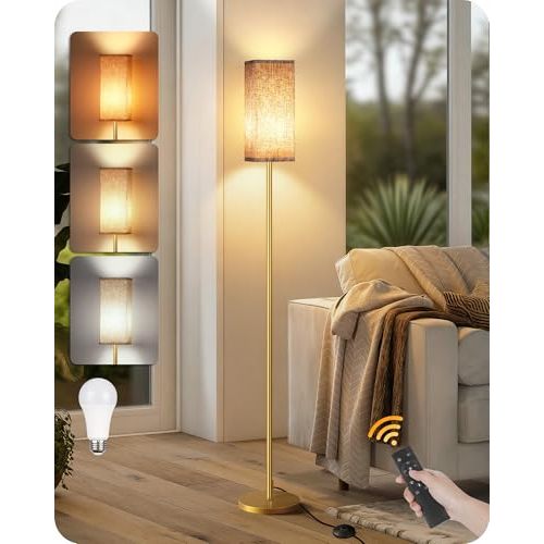 64.2” Dimmable Floor Lamp for Living Room with Remote and Foot Switch, Corner Floor Lamp for Bedroom, Includes 10W A19 Bulb, Modern Standing Tall Lamp, ETL Listed, Beige and Gold DE17LD05