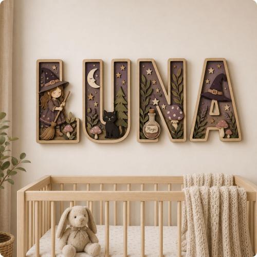 Personalized Wooden Name Sign, Witchy Nursery Decor, Woodland Wall Art, Custom Baby Girl Gift