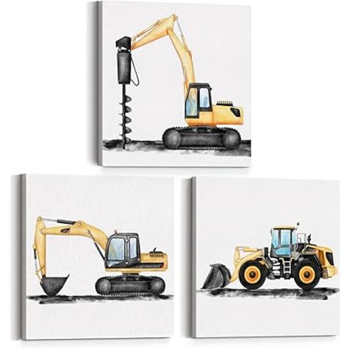 Set of 3 Construction Nursery Canvas Wall Art Vehicle Framed Paintings Prints Watercolor Dump Truck Tractor Canvas Wall Decor for Home Boys Bedroom Nursery 12x12 Inch