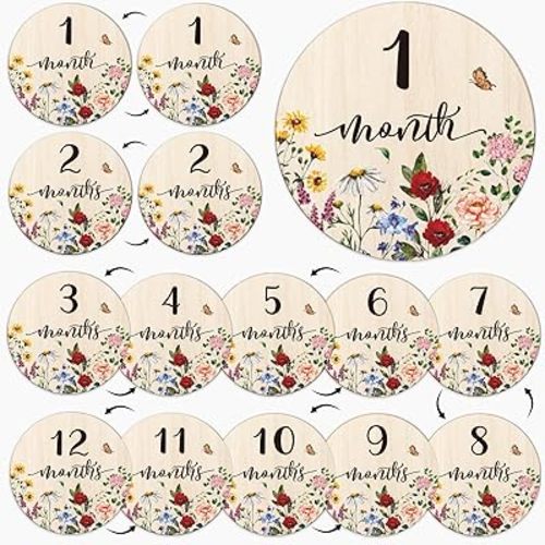 JarThenaAMCS 12Pcs Vintage Wildflower Baby Monthly Milestone Cards Spring Double-Sided Announcement Sign Floral Wooden Marker Discs for Newborn Growth Photo Props Baby Shower Party Favors