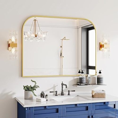 Gold Wall Mounted Bathroom Mirror - 36 x 24 Inch Round Cruved Top Right Angle Bottom Wall Mirror, Aluminum Metal Framed, Decor for Living Room, Bedroom, Fireplace, Mantle, Entryway