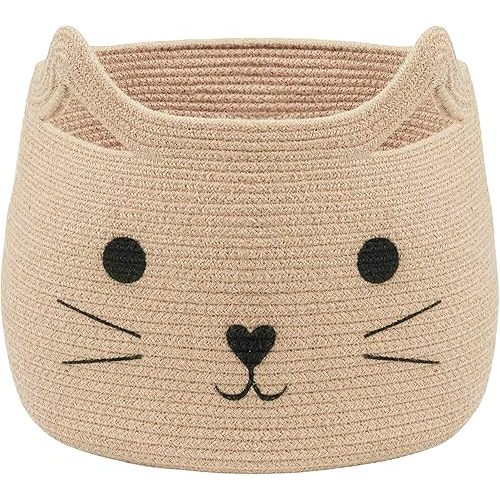 VK VK·LIVING Animal Baskets Large Woven Cotton Rope Storage with Cute Cat Design Laundry Organizer for Towels, Blanket, Toys, Clothes, Gifts – Cat Toy Box Pet or Baby Gift Baskets 15"Lx14H"