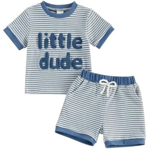 Baby Boy Summer Clothes Mamas Boy Embroidered Waffle Knit Short Sleeve T-Shirt Shorts Set Toddler Striped Outfit