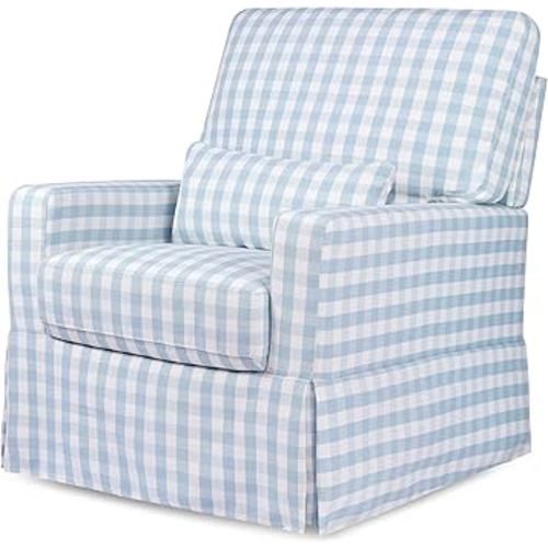 Namesake Crawford Pillowback Comfort Swivel Glider in Blue Gingham, Greenguard Gold & CertiPUR-US Certified