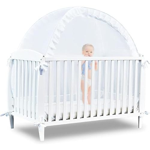 South to East Baby Crib Tent Safety Net, Pop Up Crib Tent to Keep Baby from Climbing Out, Soft Mesh Crib Cover, Stable and Firm X Design Mosquito Net, Crib Canopy Keep Toddler in, White