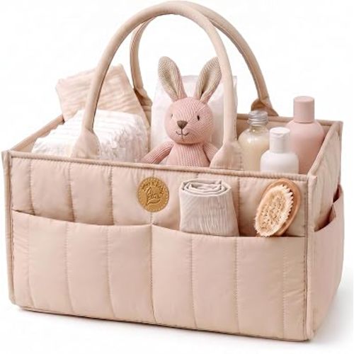 Baby Diaper Caddy Organizer - Portable Diaper Caddy with Handles & Removable Dividers - Large & Quilted Nursery Storage Basket for Girls - Changing Table Bag for Car - Gift for Baby Shower - Pink Sand