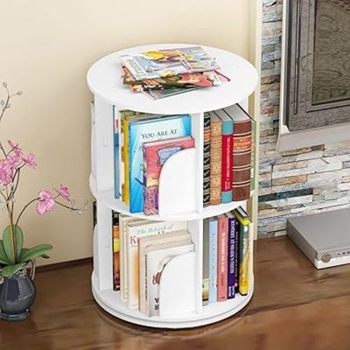 2 Tiers Rotating Bookshelf, 360 Display Floor Standing Bookcase Free Standing Storage Rack Multi Functional Bookshelf Organizer White for Study Bedroom Living Room