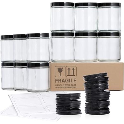 12 Pack, 8 OZ Clear Candle Jars For Making Candle, Thick Glass Jars with 12 Metal & 12 Plastic Lids - Empty Round Food Storage Containers, Canning Jar For Spice, Powder, Liquid, Sample - Food Grade