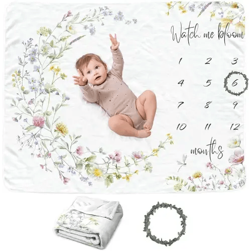 Wildflower Baby Monthly Blanket for Girls, Boho Floral Moon Nursery Decor, Babys First Year Photography Background, for New Moms