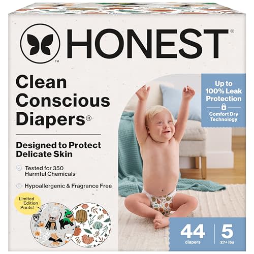 The Honest Company Comfort Dry Disposable Daytime Diapers for Sensitive Skin, Hypoallergenic, Fragrance-Free, Fall '25 Seasonal Prints, Club Box, Size 5 (27 lbs), 44 Count
