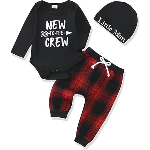Renotemy Newborn Baby Boy Fall Clothes, Long Sleeve Letter Printed Rompers Plaid Pants Hat Outfits Clothing Set 0-18 Months